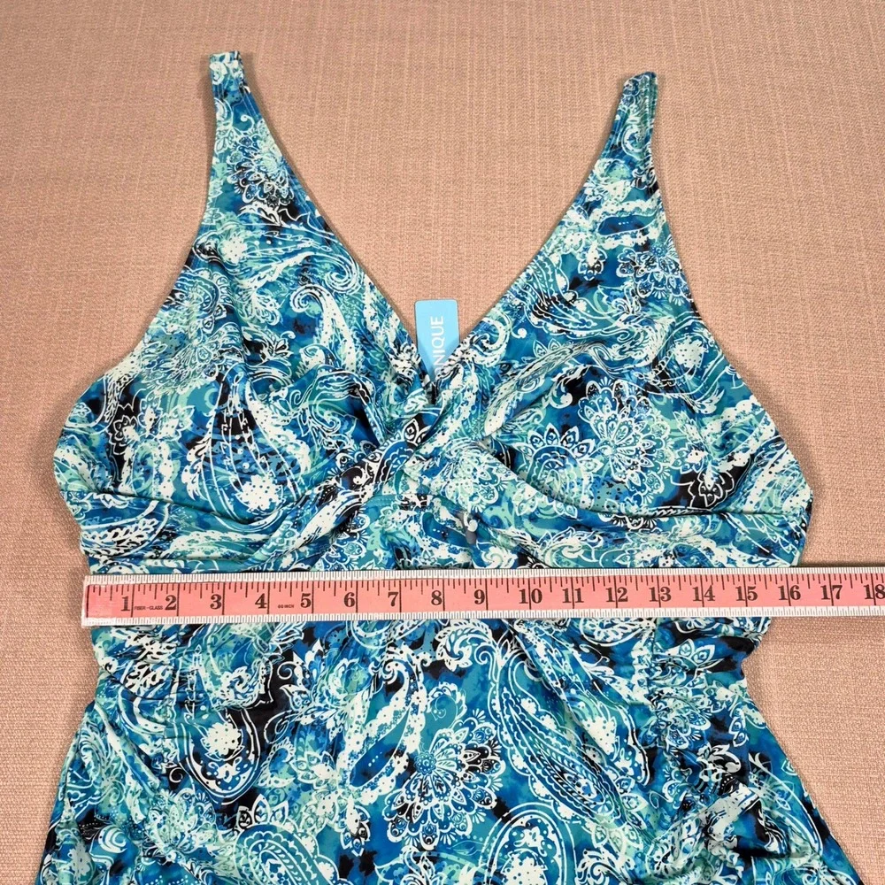 Yonique Women Plus Size 20W Teal Paisley Ruched Tummy Control One Piece Swimsuit